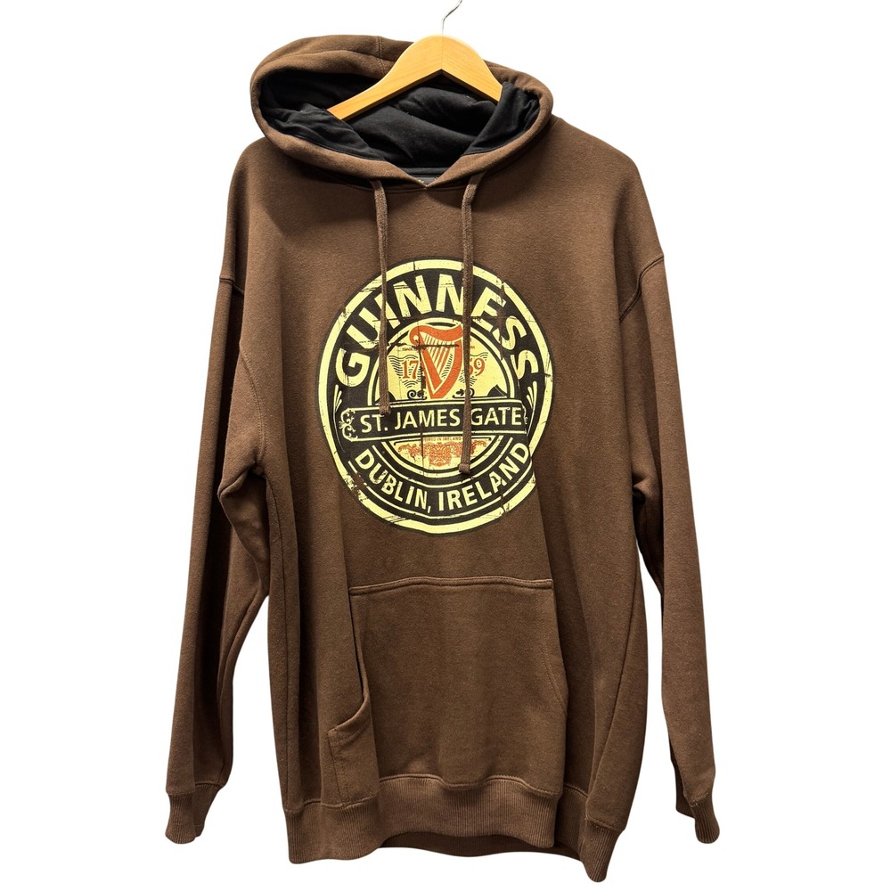 Guinness Hoodie Mens Large St James Gate Dublin Brown Graphic Pullover Official